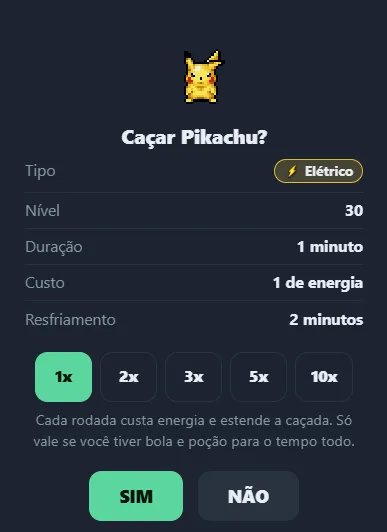 Confirmação da caçada com tipo, nível, custo e rodadas