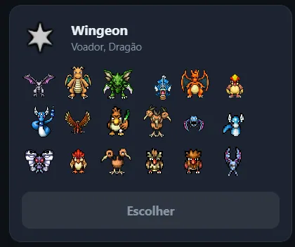 Tela do clã Wingeon com seus Pokémon e o botão Escolher