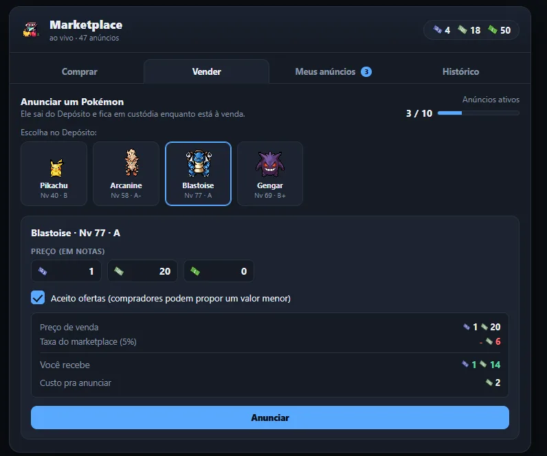Aba Vender do Marketplace: escolher um Pokémon do Depósito e definir o preço