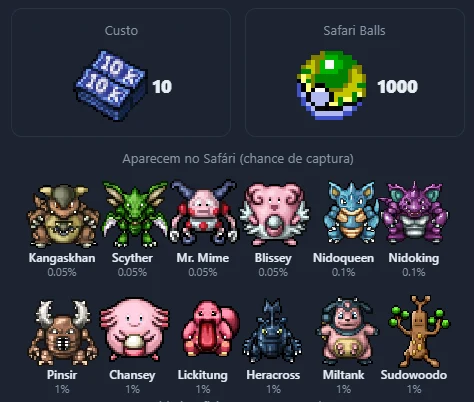 Tela de entrada do Safári com o custo, as Safari Balls e as espécies que aparecem