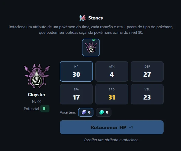 Tela de Stones com um Pokémon do time e os seis atributos